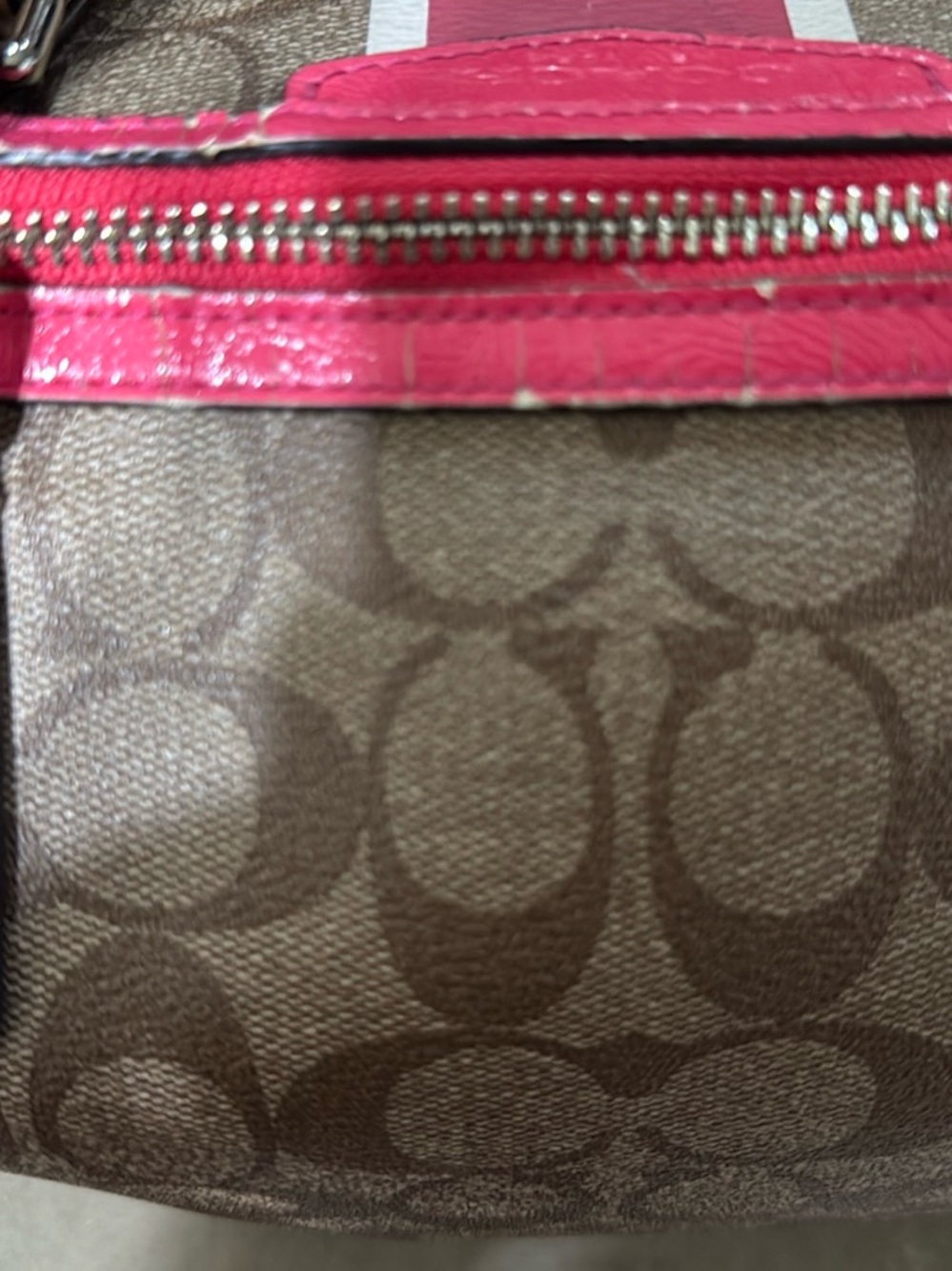 Fair condition Coach Brown Signature Canvas Satchel with Pink Stripe and Tan - Picture 14 of 15